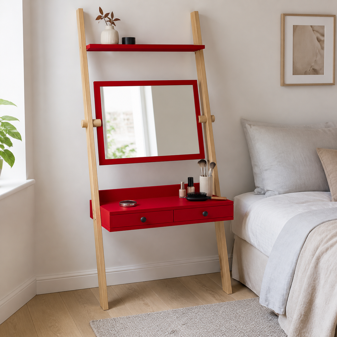LENO sminkebord 79x183cm - Asketræ / Rød – vigtigste funktion