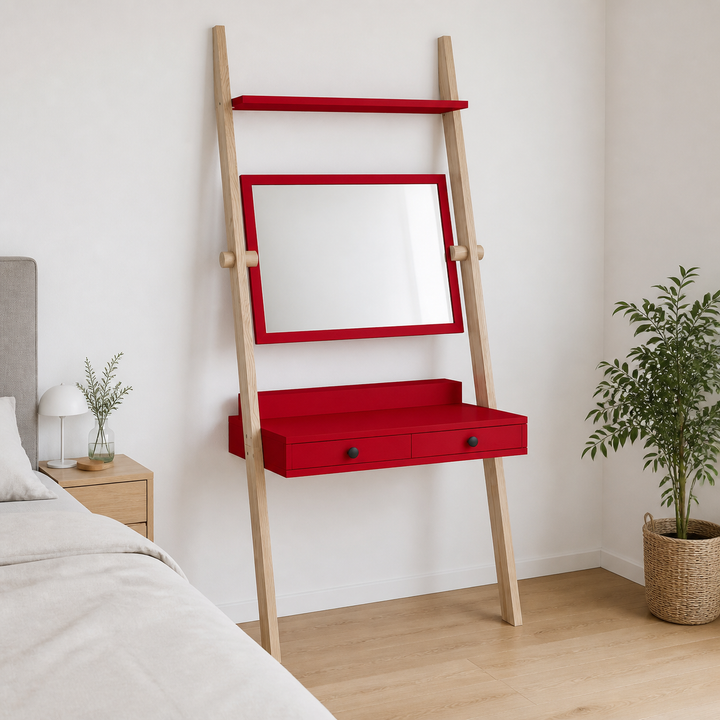 LENO sminkebord 79x183cm - Asketræ / Rød – hele produktet lukket i hjemmet