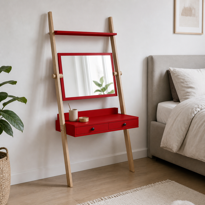 LENO sminkebord 79x183cm - Asketræ / Rød – supplerende neutral dagslysscene