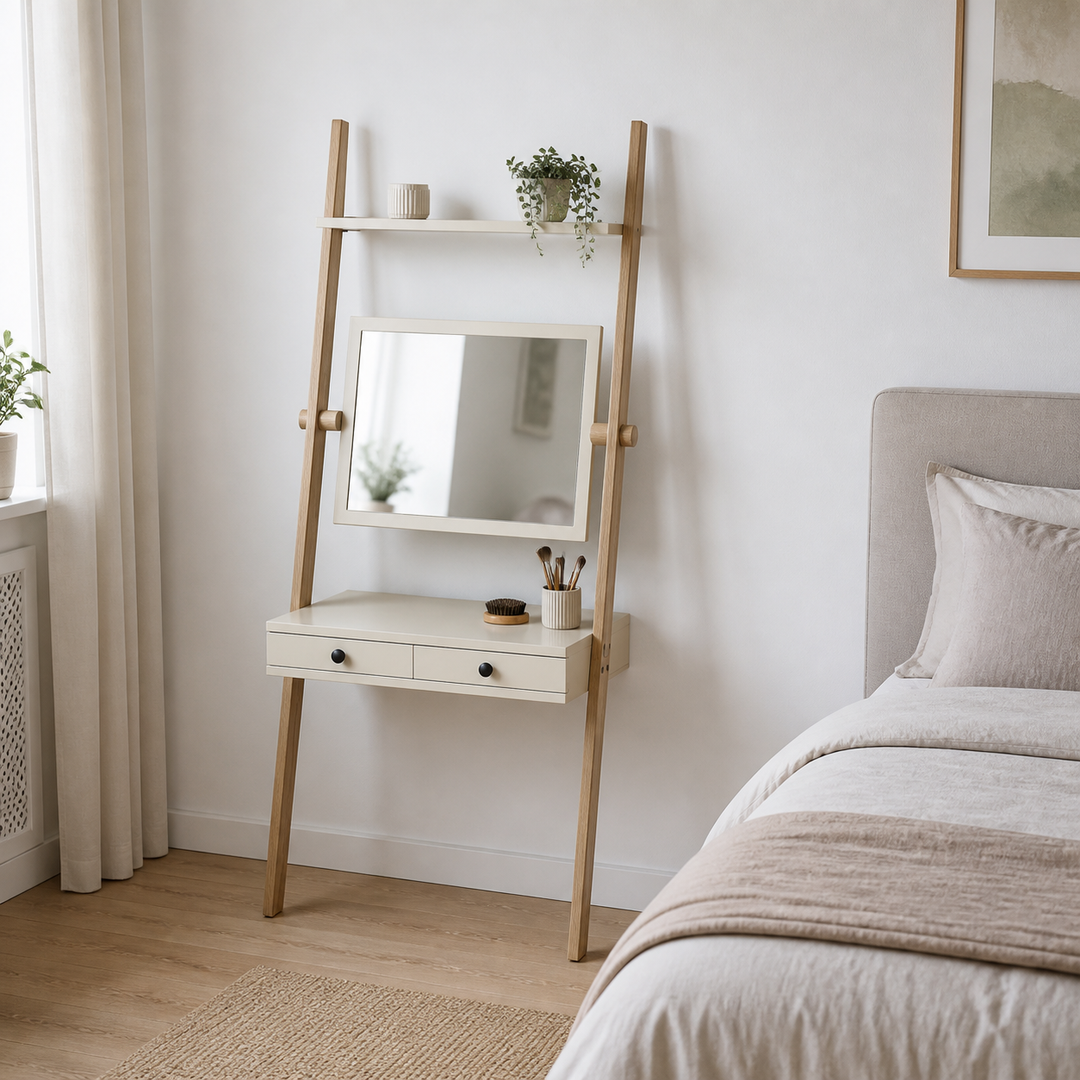 LENO sminkebord 79x183cm Asketræ Brown Beige – hero i naturlig brug