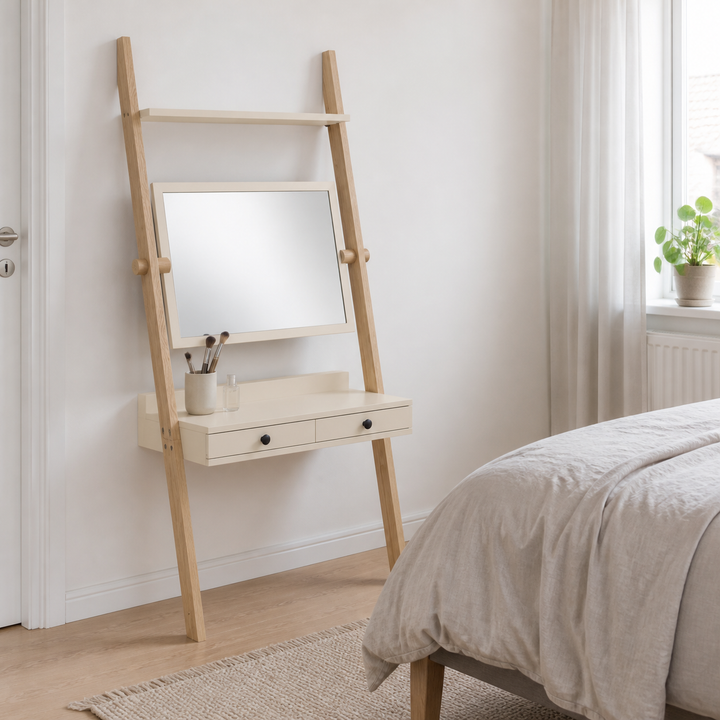 LENO sminkebord 79x183cm Asketræ Brown Beige – supplerende neutral dagslysscene