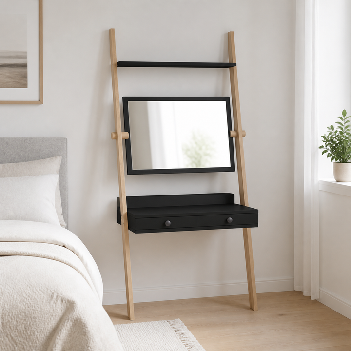 LENO sminkebord 79x183cm Asketræ Sort – hele produktet lukket i hjemmet