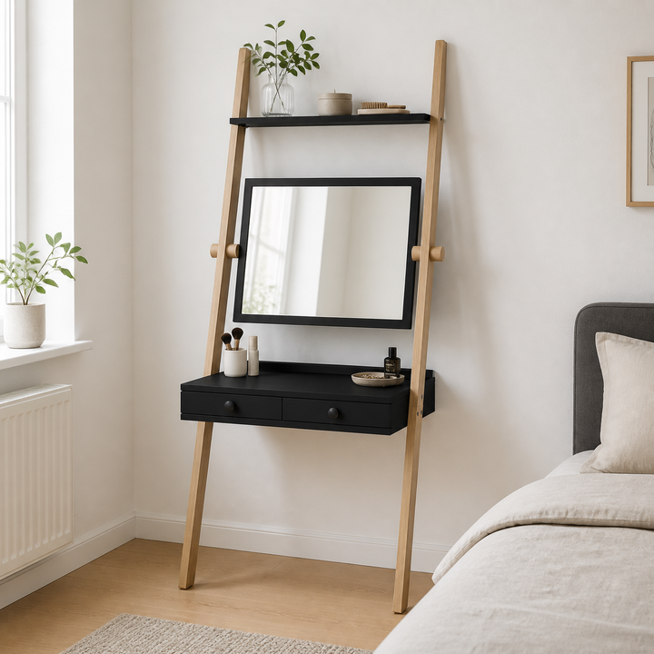 LENO sminkebord 79x183cm Asketræ Sort – supplerende neutral dagslysscene