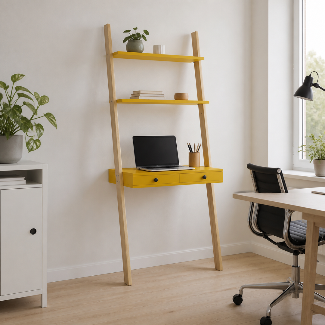 LENO Stigehylde Skrivebord 79x183cm Gul – hero i naturlig brug