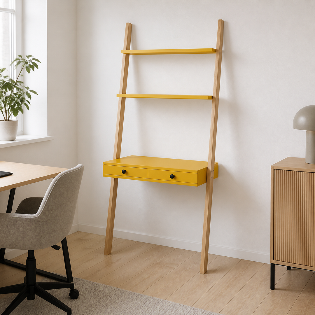 LENO Stigehylde Skrivebord 79x183cm Gul – hele produktet lukket i hjemmet