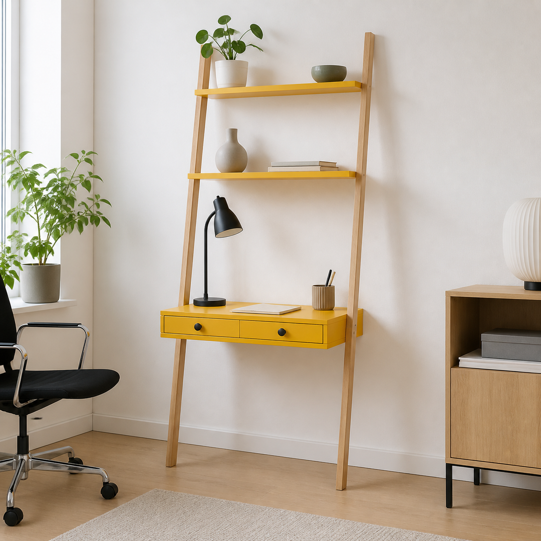 LENO Stigehylde Skrivebord 79x183cm Gul – supplerende neutral dagslysscene