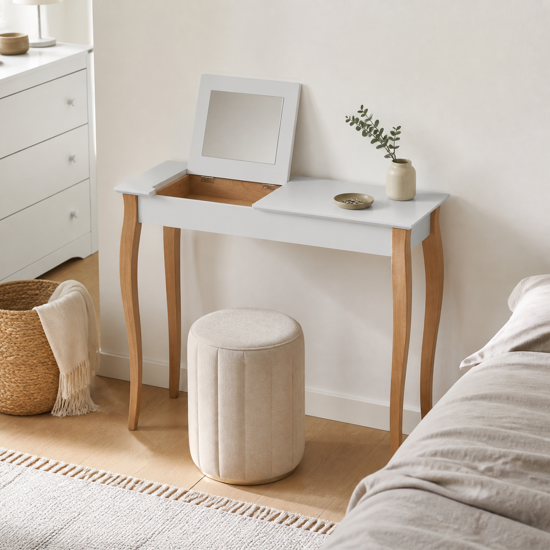 LILLO Sminkebord med spejl - 105x35cm Lysegrå – anden naturlig anvendelse eller vinkel