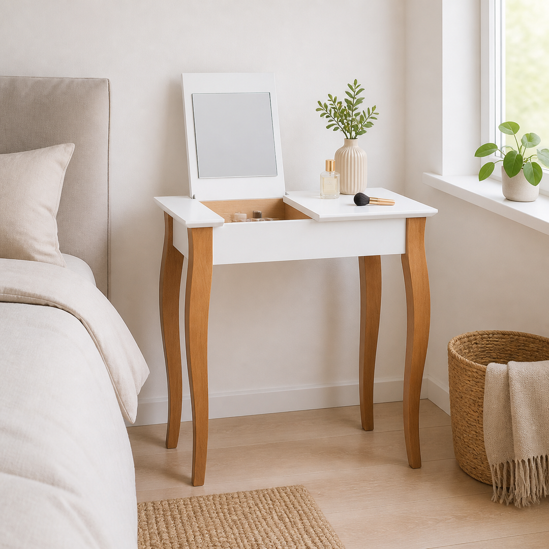 LILLO Sminkebord med spejl - 65x35cm Hvid – hero i naturlig brug