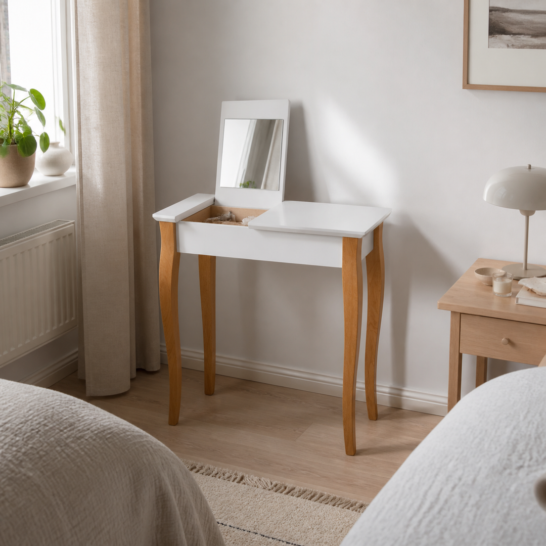 LILLO Sminkebord med spejl - 65x35cm Hvid – vigtigste funktion