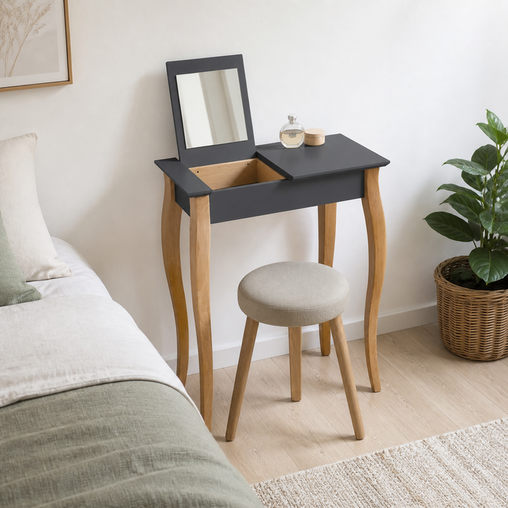 LILLO Sminkebord med spejl - 65x35cm hvide ben / grafit – anden naturlig anvendelse eller vinkel