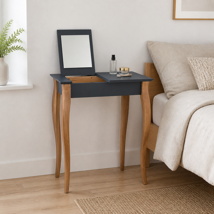 LILLO Sminkebord med spejl - 65x35cm hvide ben / grafit – supplerende neutral dagslysscene