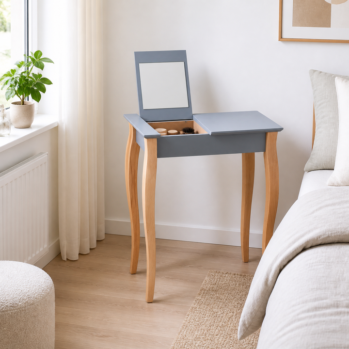 LILLO Sminkebord med spejl - 65x35cm Hvide Ben / Mørkegrå – vigtigste funktion