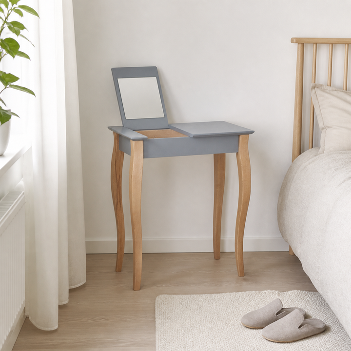 LILLO Sminkebord med spejl - 65x35cm Hvide Ben / Mørkegrå – supplerende neutral dagslysscene
