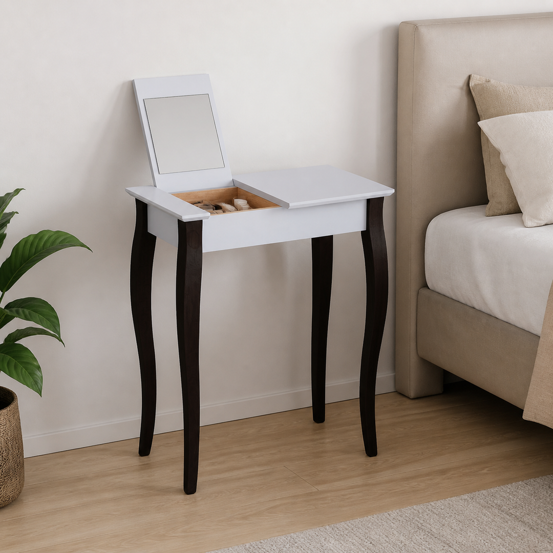 LILLO Sminkebord med spejl - 65x35cm, sorte ben / lysegrå bordplade – vigtigste funktion