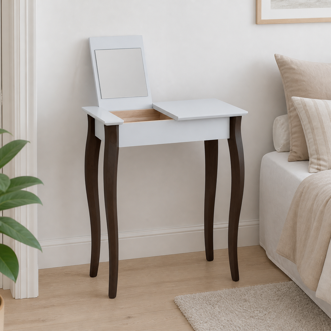 LILLO Sminkebord med spejl - 65x35cm, sorte ben / lysegrå bordplade – materiale- eller konstruktionsdetalje
