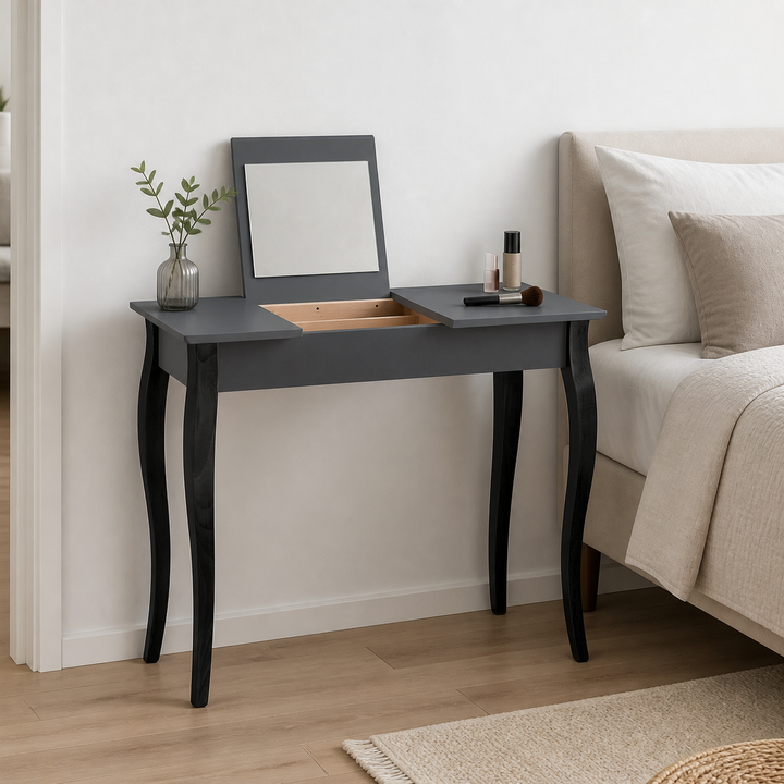 LILLO Sminkebord med spejl - 85x35cm sorte ben / grafit – supplerende neutral dagslysscene