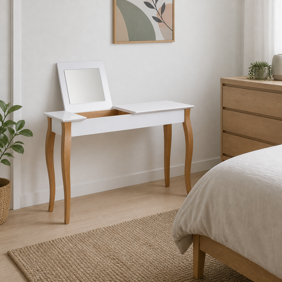LILLO stort sminkebord - 105x35cm Hvide/ Hvide ben – anden naturlig anvendelse eller vinkel