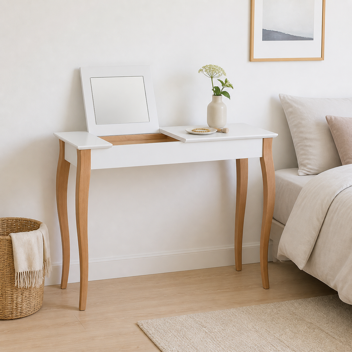 LILLO stort sminkebord - 105x35cm Hvide/ Hvide ben – supplerende neutral dagslysscene