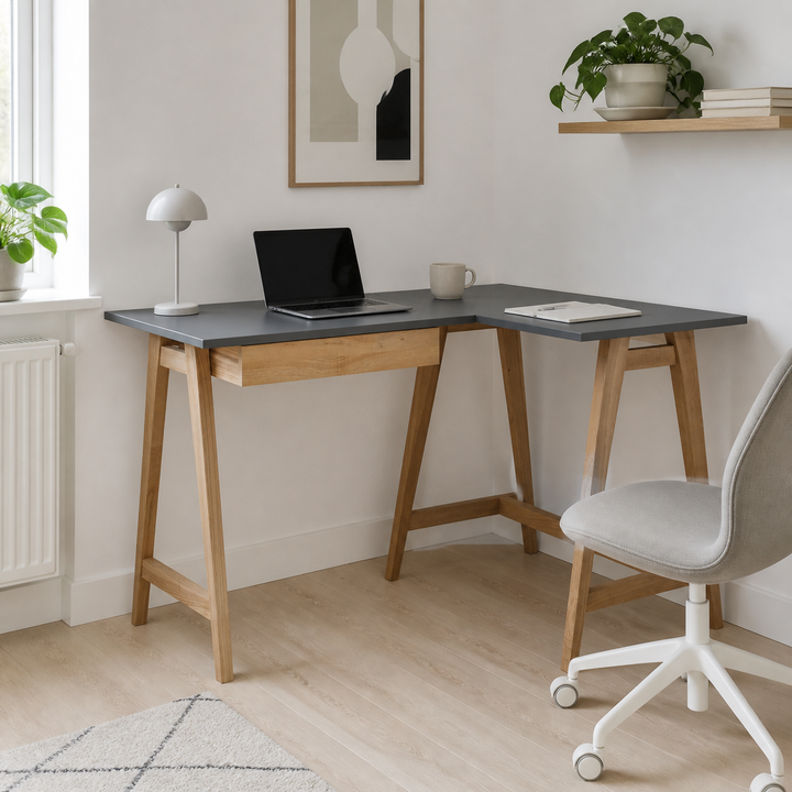 LUKA Asketræ Hjørneskrivebord B 115cm x D 85cm / Mørkegrå Højre Side – vigtigste funktion