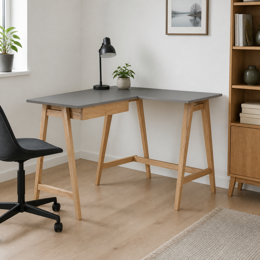 LUKA Asketræ Hjørneskrivebord B 115cm x D 85cm / Mørkegrå Højre Side – hele produktet lukket i hjemmet