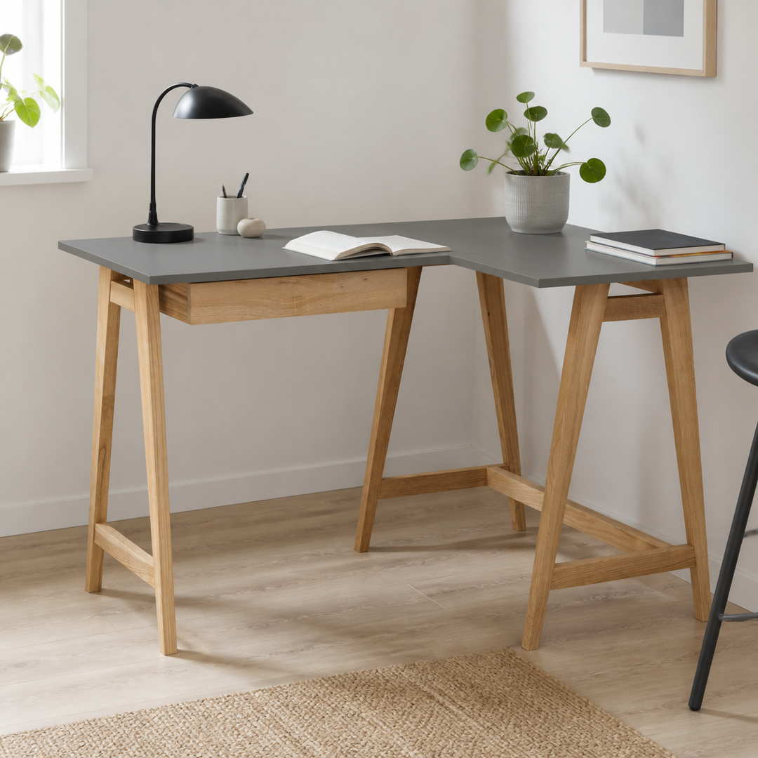 LUKA Asketræ Hjørneskrivebord B 115cm x D 85cm / Mørkegrå Højre Side – materiale- eller konstruktionsdetalje