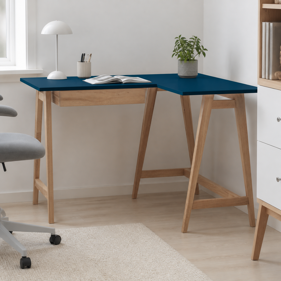 LUKA Asketræ Hjørneskrivebord B 115cm x D 85cm / Petrolblå Højre Side – materiale- eller konstruktionsdetalje