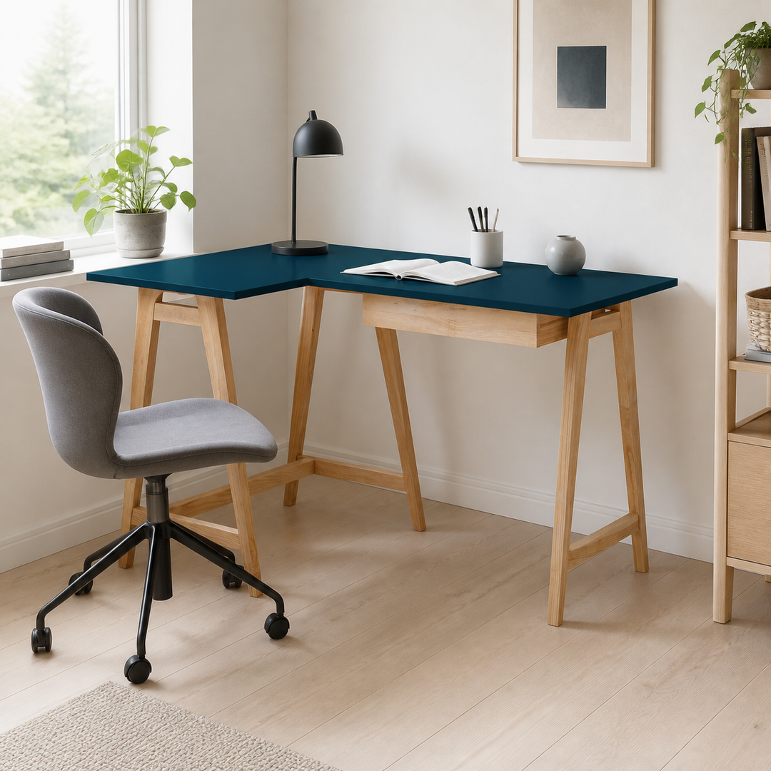 LUKA Asketræ Hjørneskrivebord B 115cm x D 85cm / Petrolblå Venstre Side – hero i naturlig brug