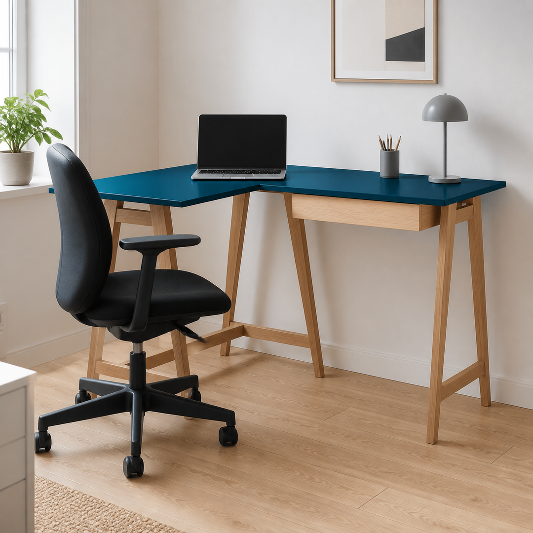 LUKA Asketræ Hjørneskrivebord B 115cm x D 85cm / Petrolblå Venstre Side – vigtigste funktion