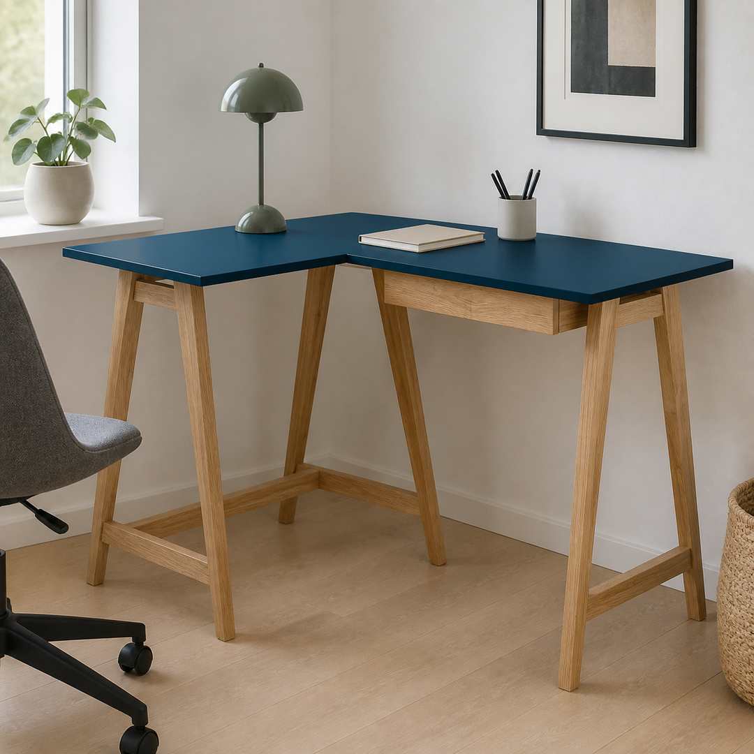 LUKA Asketræ Hjørneskrivebord B 115cm x D 85cm / Petrolblå Venstre Side – materiale- eller konstruktionsdetalje