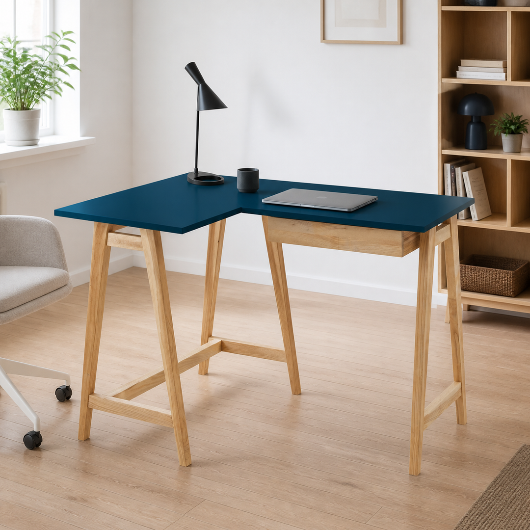 LUKA Asketræ Hjørneskrivebord B 115cm x D 85cm / Petrolblå Venstre Side – anden naturlig anvendelse eller vinkel