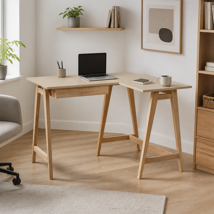 LUKA Asketræ Hjørneskrivebord B115cm x D85cm Brun Beige Højre Side – hero i naturlig brug