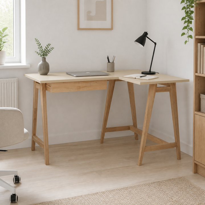 LUKA Asketræ Hjørneskrivebord B115cm x D85cm Brun Beige Højre Side – hele produktet lukket i hjemmet
