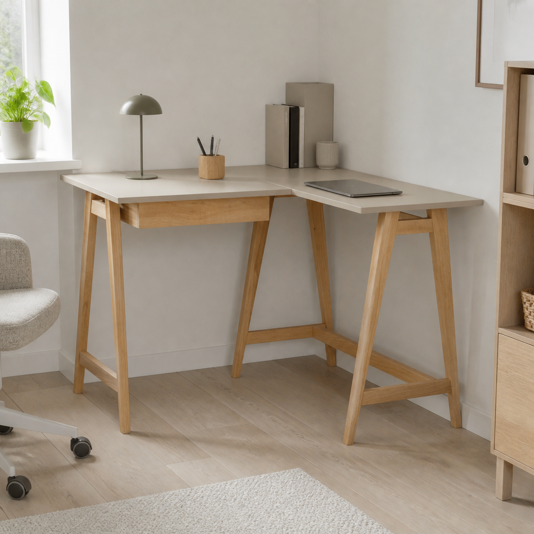 LUKA Asketræ Hjørneskrivebord B115cm x D85cm Brun Beige Højre Side – materiale- eller konstruktionsdetalje