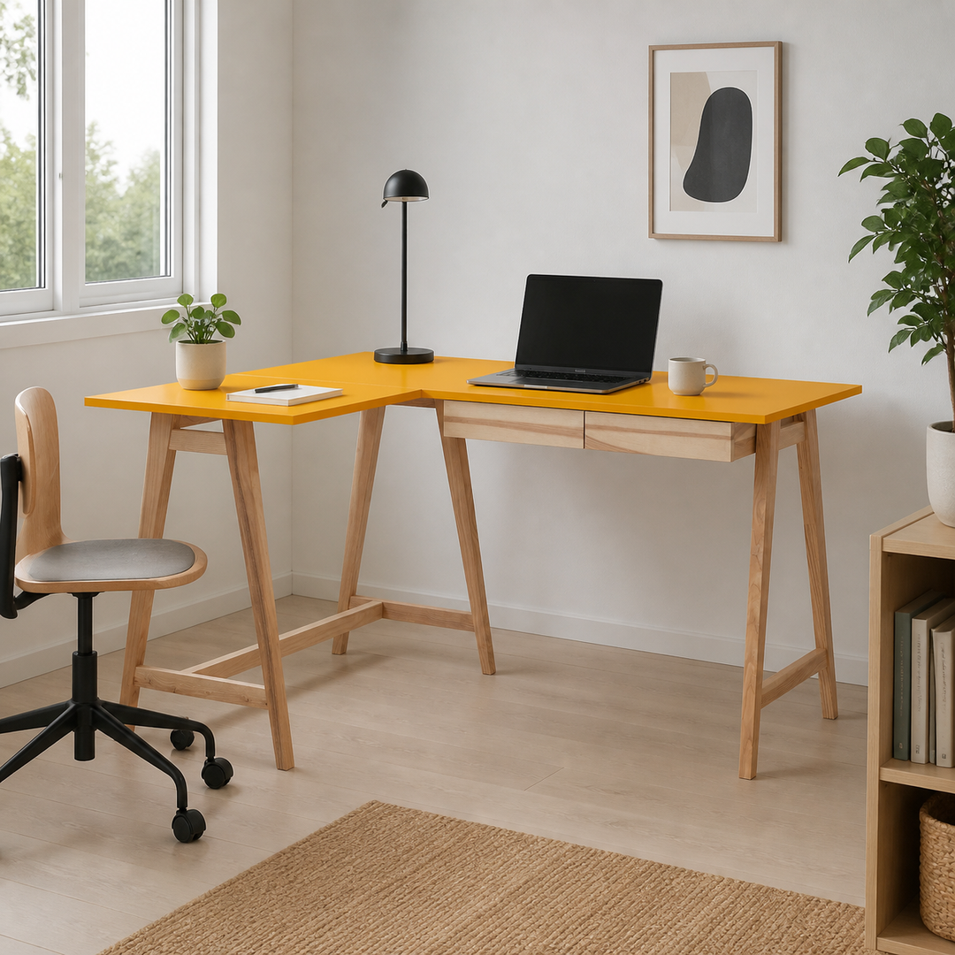 LUKA Asketræ Hjørneskrivebord B135 x D85cm Gul Venstre Side – hero i naturlig brug