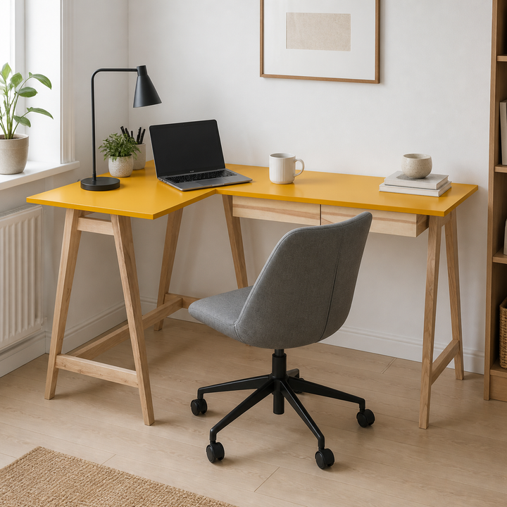 LUKA Asketræ Hjørneskrivebord B135 x D85cm Gul Venstre Side – vigtigste funktion