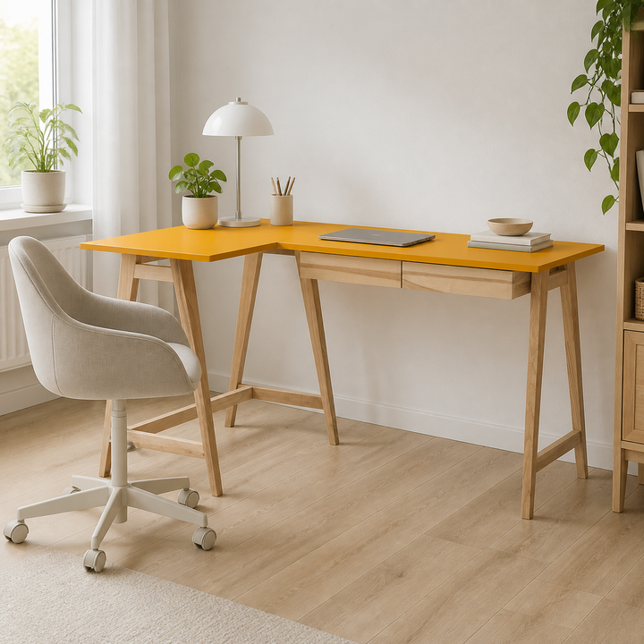 LUKA Asketræ Hjørneskrivebord B135 x D85cm Gul Venstre Side – hele produktet lukket i hjemmet