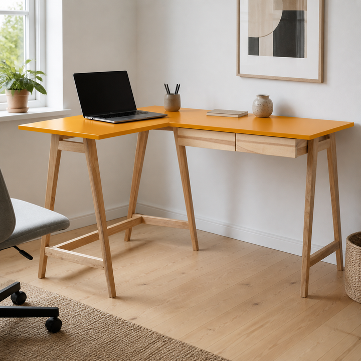 LUKA Asketræ Hjørneskrivebord B135 x D85cm Gul Venstre Side – materiale- eller konstruktionsdetalje