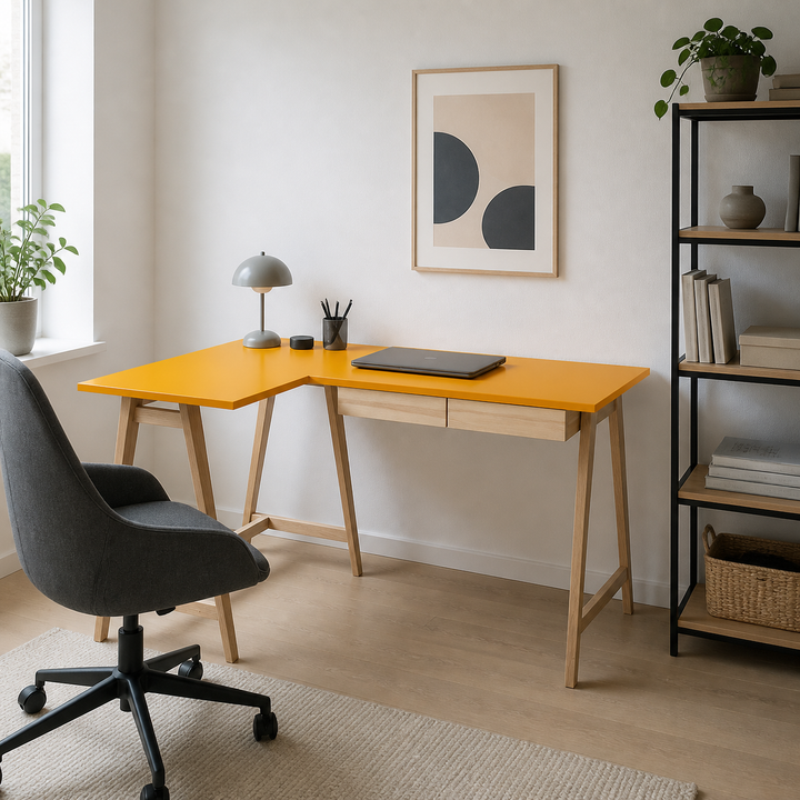 LUKA Asketræ Hjørneskrivebord B135 x D85cm Gul Venstre Side – anden naturlig anvendelse eller vinkel