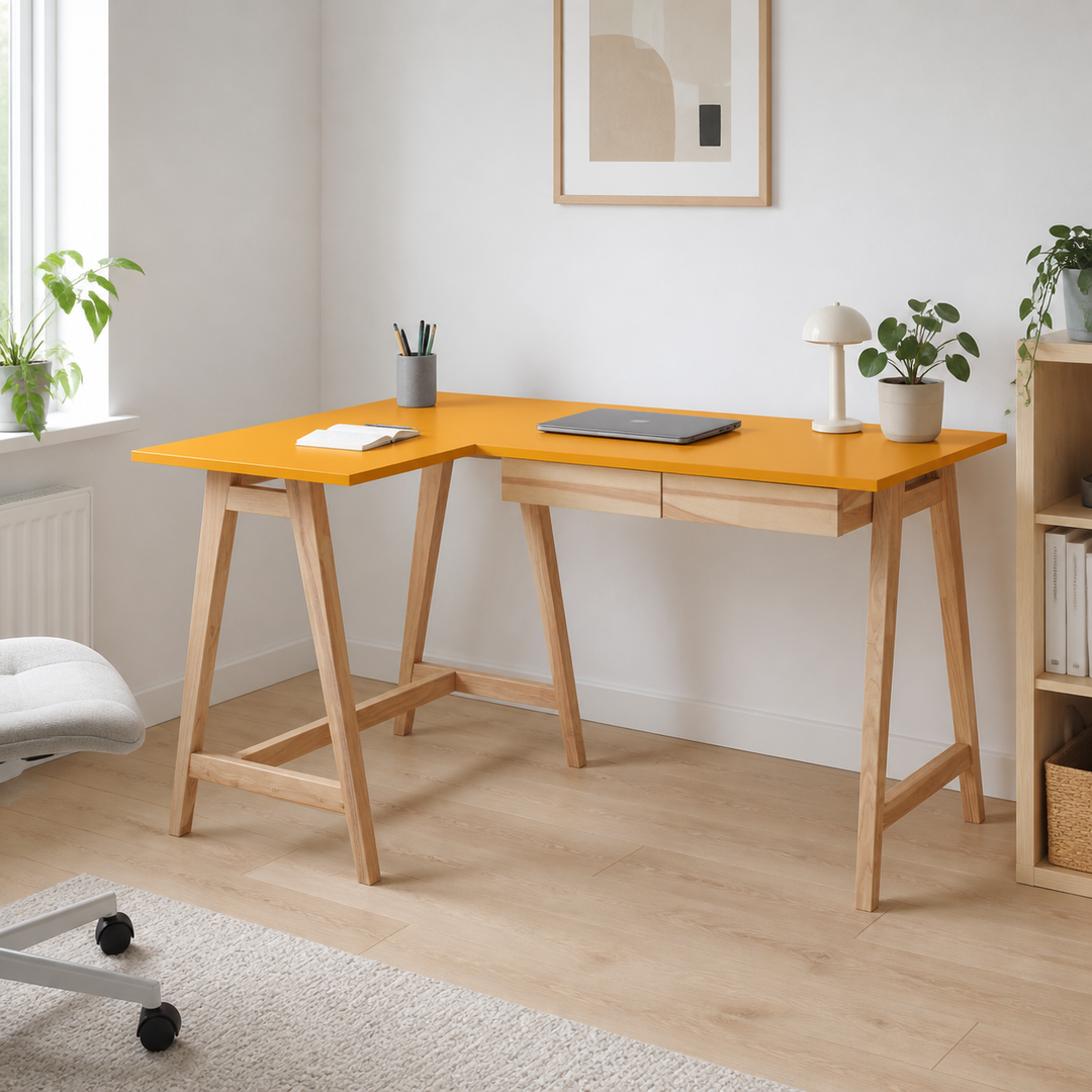 LUKA Asketræ Hjørneskrivebord B135 x D85cm Gul Venstre Side – supplerende neutral dagslysscene
