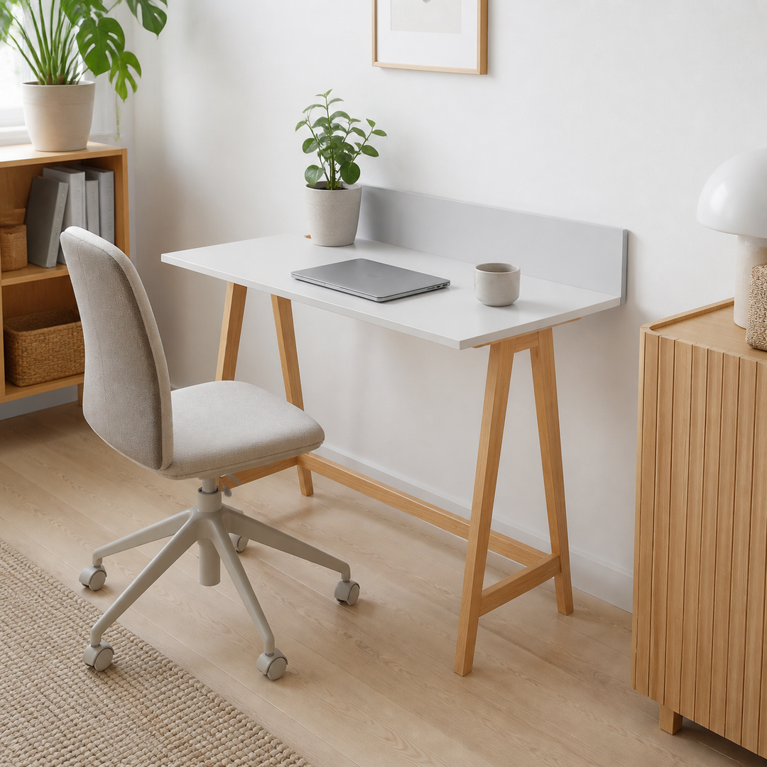 LUKA Asketræ Skrivebord 110x50cm / Lysegrå – anden naturlig anvendelse eller vinkel