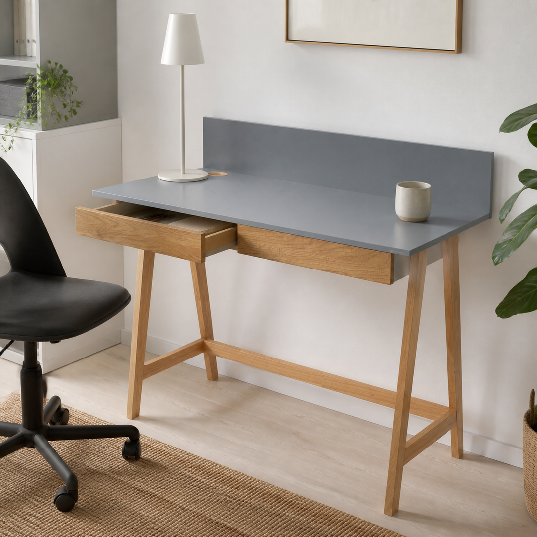 LUKA Asketræ Skrivebord 110x50cm med Skuffe / Mørkegrå – vigtigste funktion