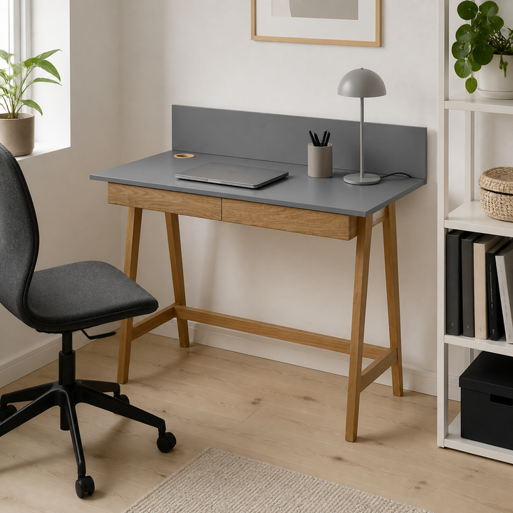 LUKA Asketræ Skrivebord 110x50cm med Skuffe / Mørkegrå – anden naturlig anvendelse eller vinkel