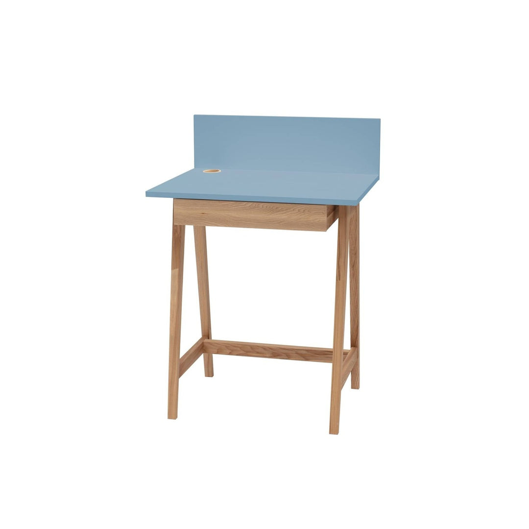 LUKA Asketræ Skrivebord 65x50cm med Skuffe / Gentle Blue – eksakt packshot paa hvid baggrund