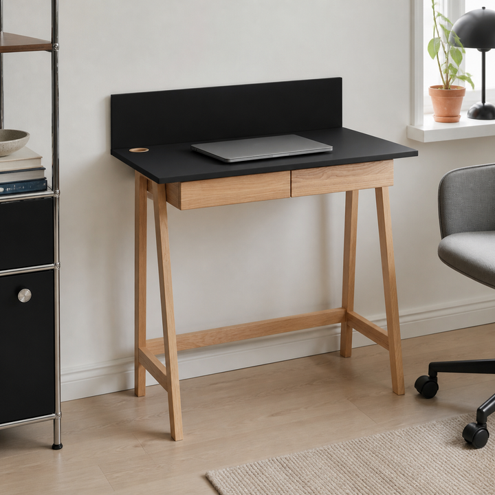 LUKA Asketræ Skrivebord 85x50cm med Skuffe Sort – materiale- eller konstruktionsdetalje