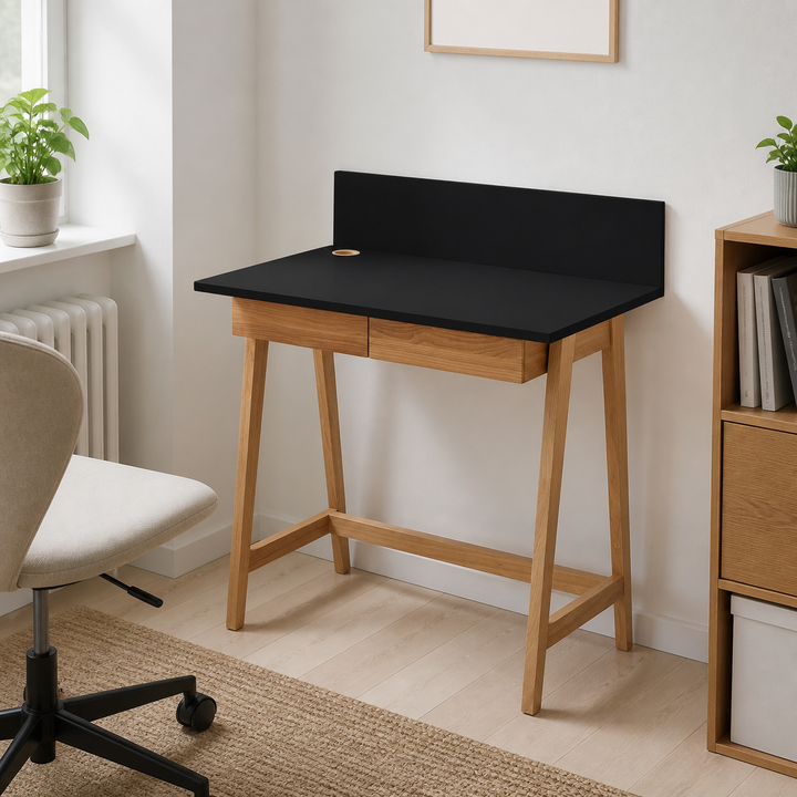 LUKA Asketræ Skrivebord 85x50cm med Skuffe Sort – anden naturlig anvendelse eller vinkel