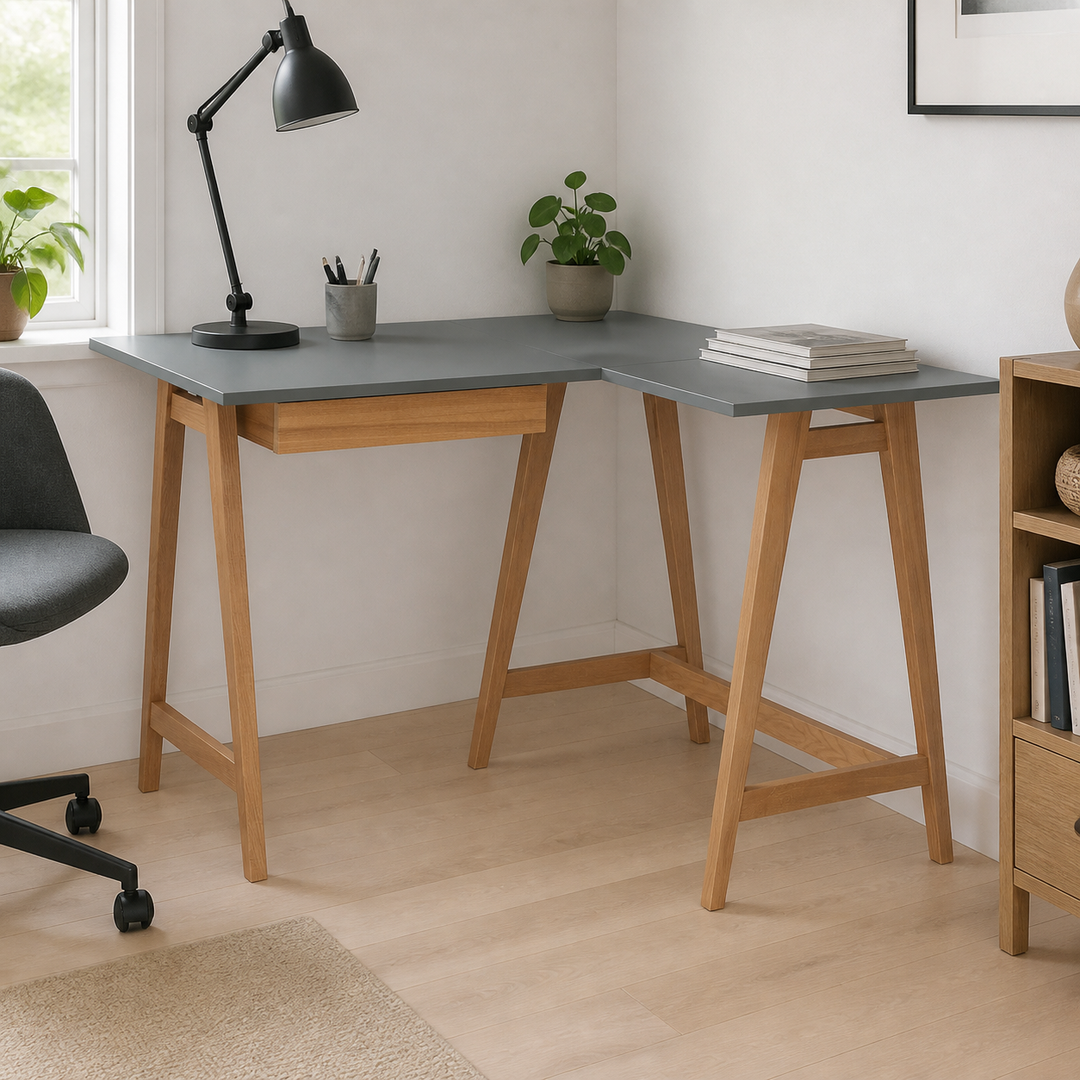 LUKA Hjørneskrivebord B 115cm x D 85cm / Mørkegrå Eg Højre Side – hele produktet lukket i hjemmet