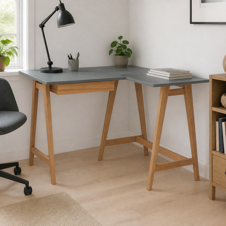 LUKA Hjørneskrivebord B 115cm x D 85cm / Mørkegrå Eg Højre Side – hele produktet lukket i hjemmet