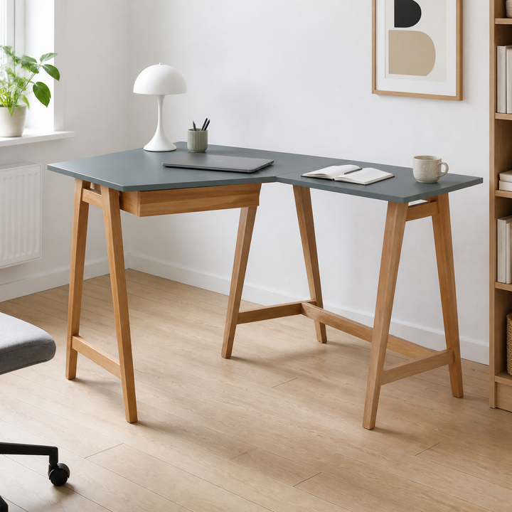 LUKA Hjørneskrivebord B 115cm x D 85cm / Mørkegrå Eg Højre Side – supplerende neutral dagslysscene