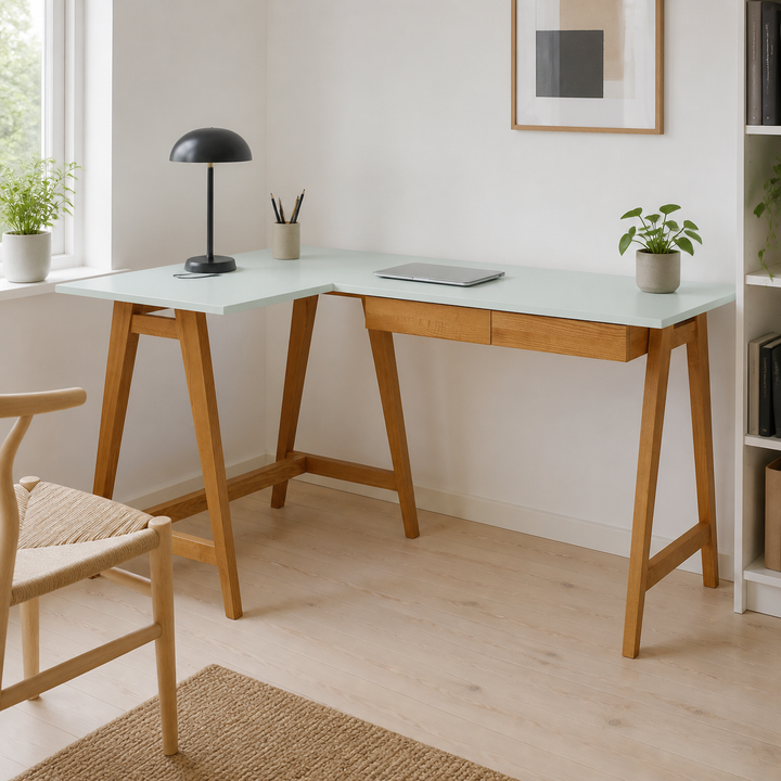 LUKA Hjørneskrivebord B 135cm x D 85cm Fleeting Mint Eg Venstre Side – hele produktet lukket i hjemmet
