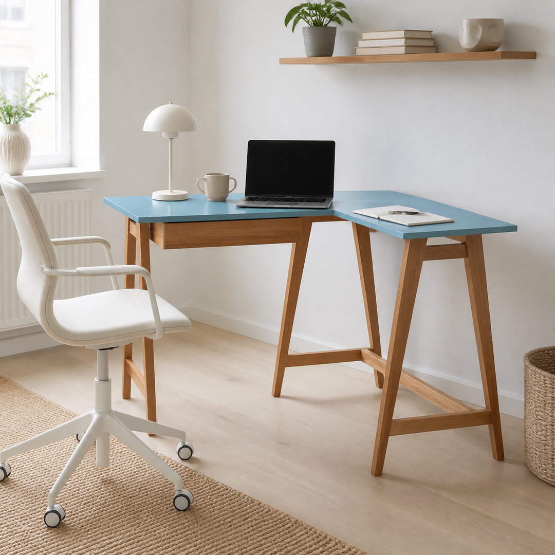 LUKA Hjørneskrivebord B115cm x D85cm Blå Eg Højre Side – vigtigste funktion